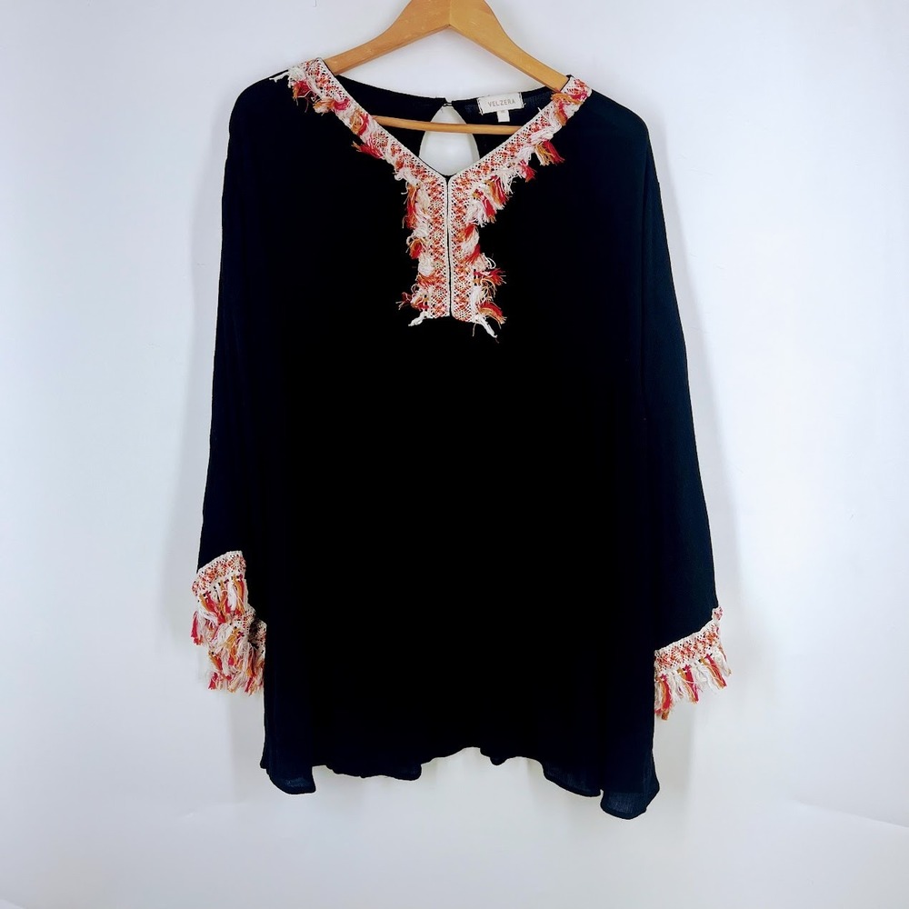 Velzera Black Rayon Tunic Top Womens 1XL Embroidered Fringe V-Neck Boho Relaxed